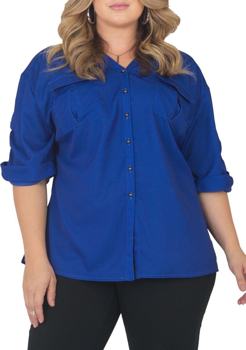 Plus Size V-Neck Rolled 3/4 Sleeve Utility Top