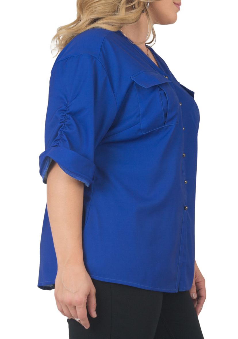 Plus Size V-Neck Rolled 3/4 Sleeve Utility Top