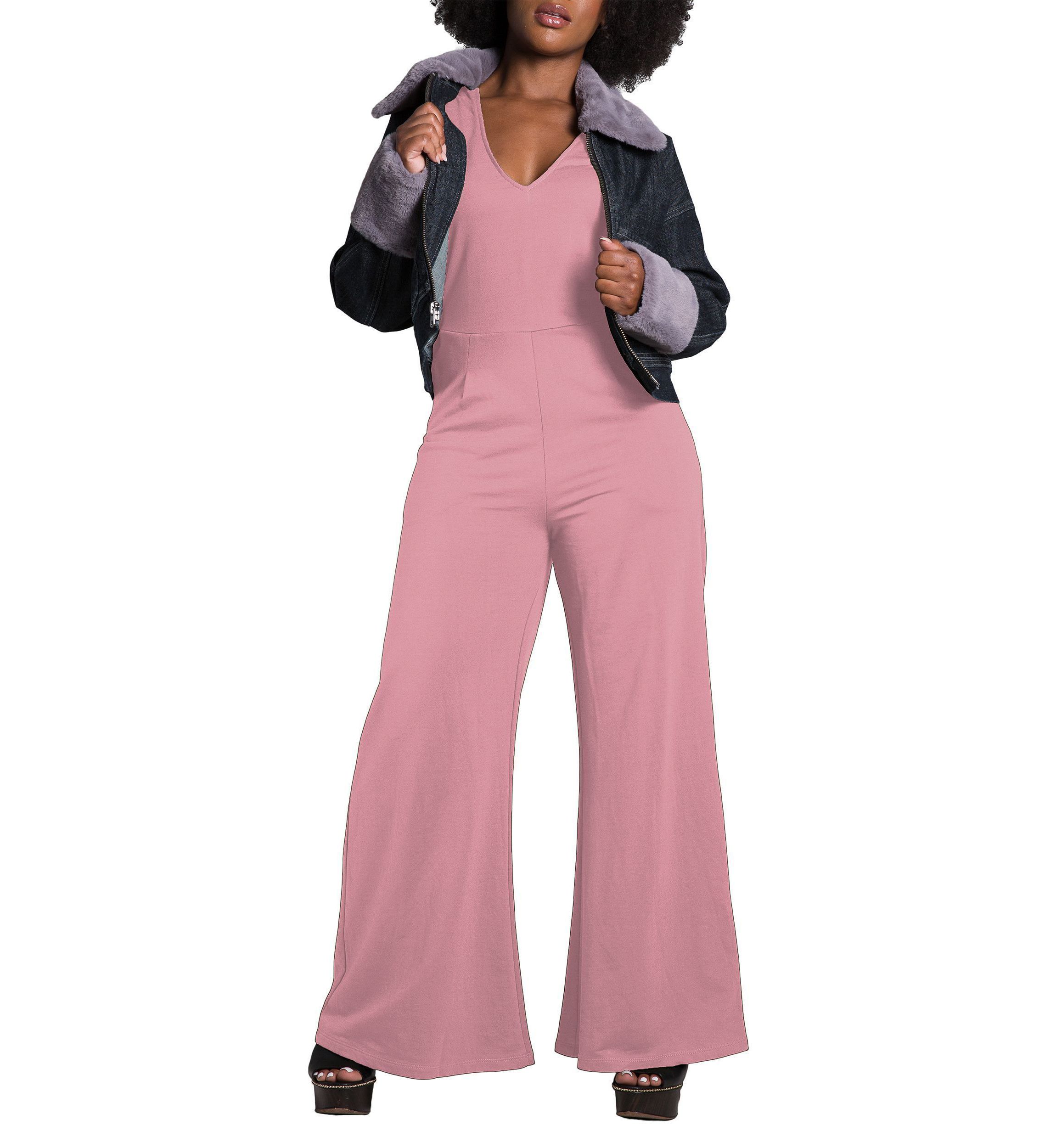 Womens Sleeveless V-Neck Wide Leg Jumsuit