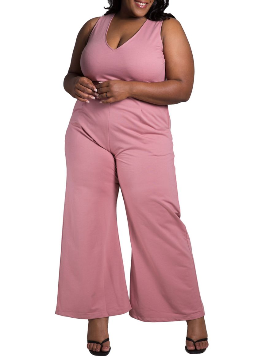 Womens Plus Size Sleeveless V-Neck Wide Leg Jumsuit