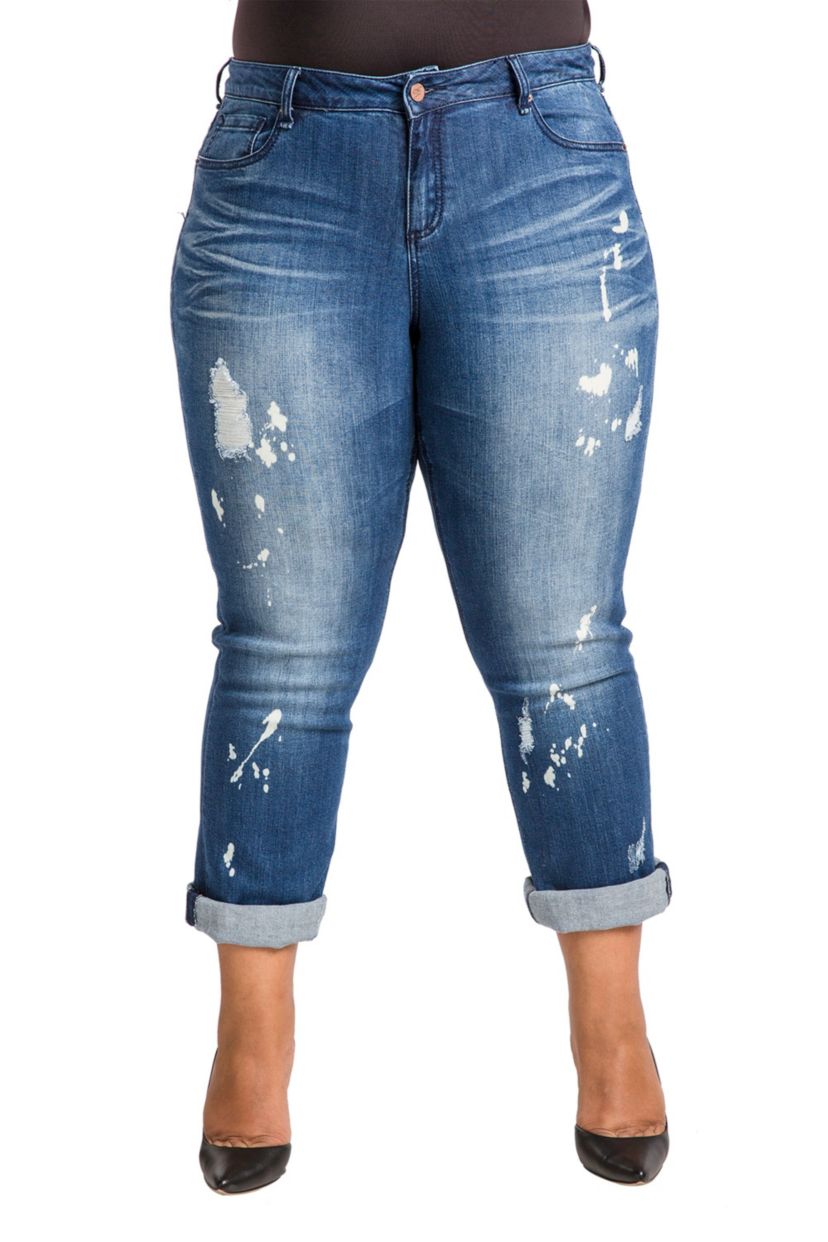 Poetic Justice Plus Size Womens Curvy Fit Blue Bleach Spots Boyfriend Jeans
