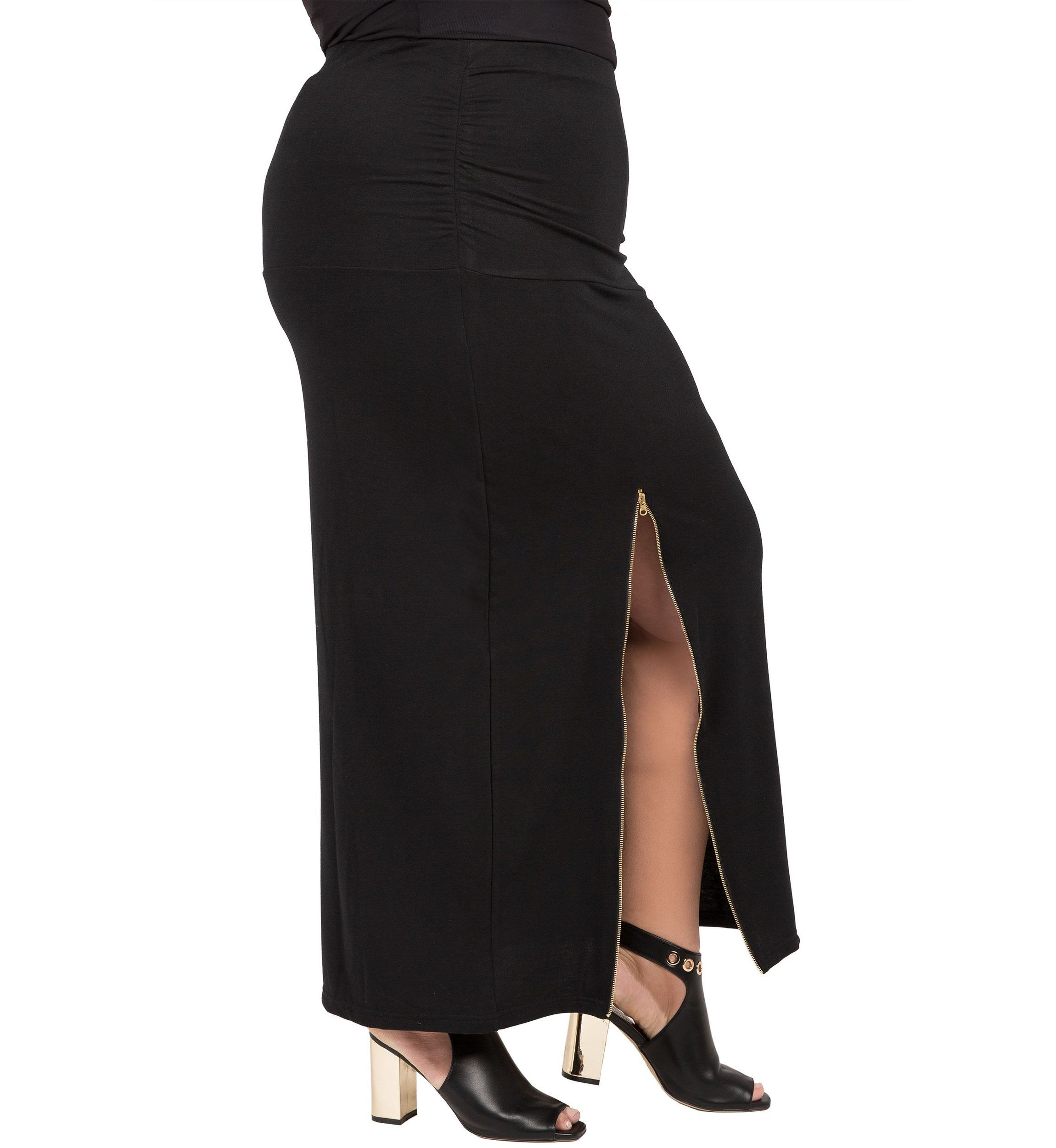 Plus Size Curvy Womens Black Stretch Maxi Skirt With Zip Up Split