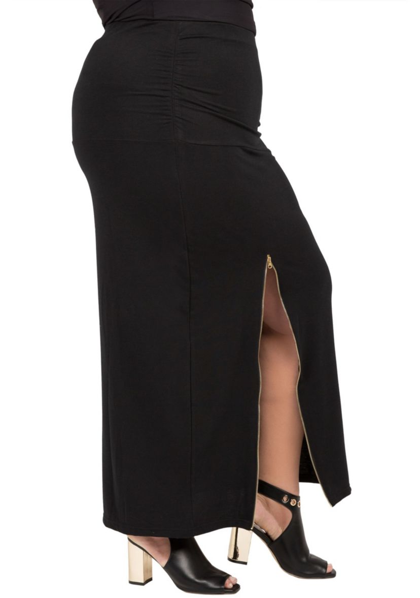 Plus Size Curvy Womens Black Stretch Maxi Skirt With Zip Up Split