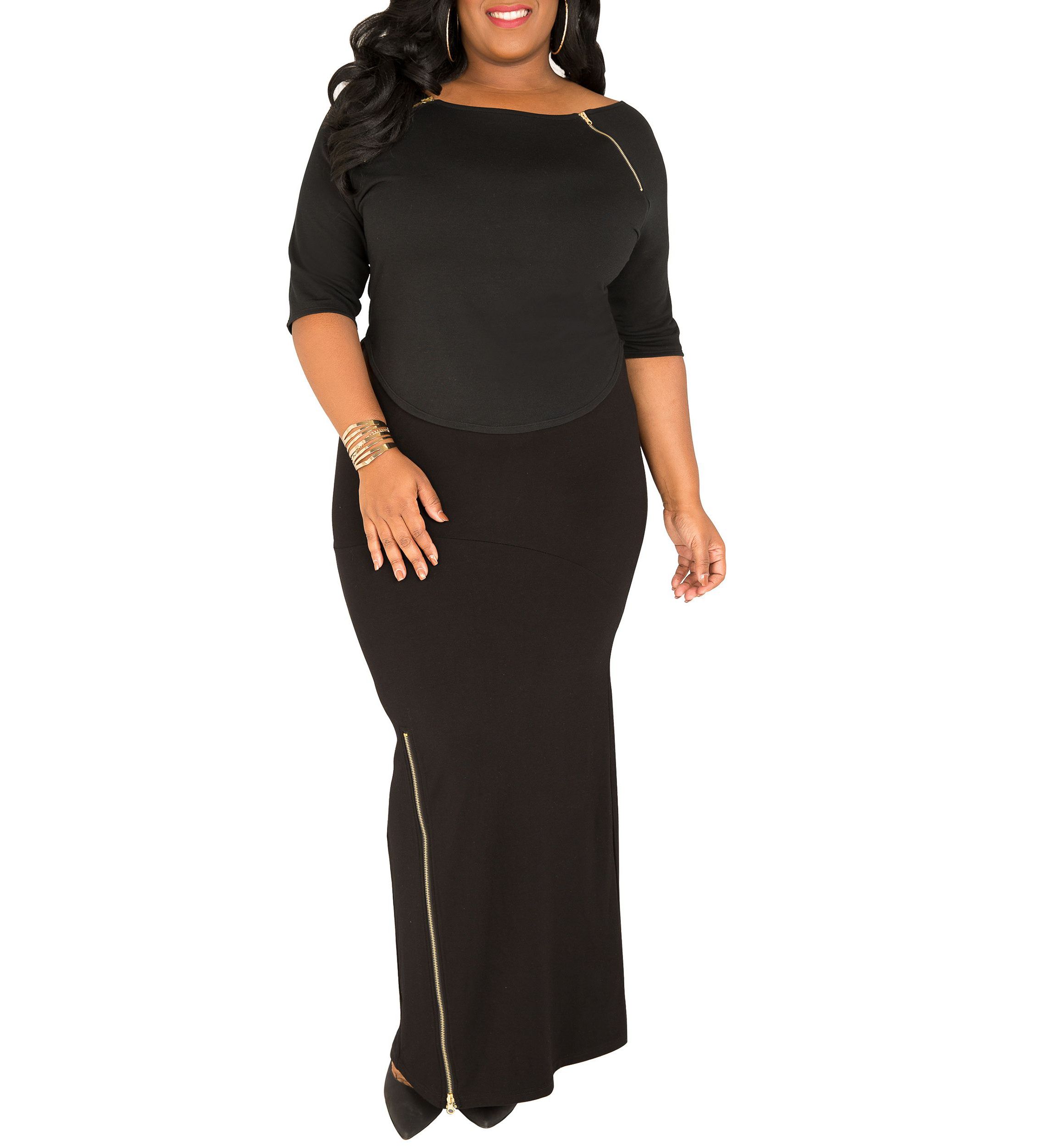 Plus Size Curvy Womens Black Stretch Maxi Skirt With Zip Up Split