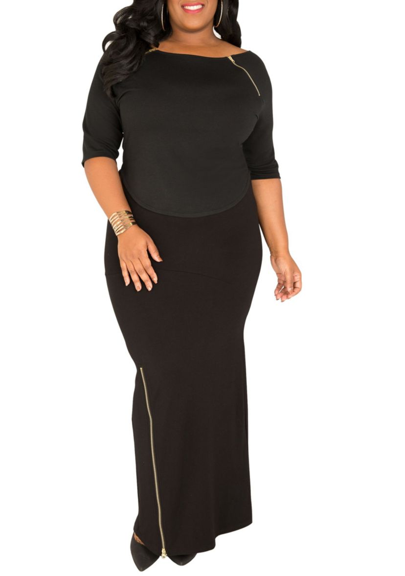 Plus Size Curvy Womens Black Stretch Maxi Skirt With Zip Up Split