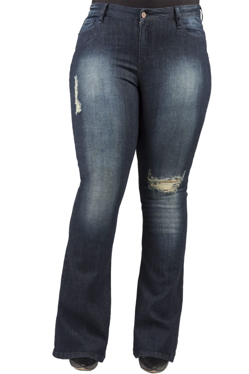 Plus Size Curvy Fit Stretch Denim Distressed Flare Jeans