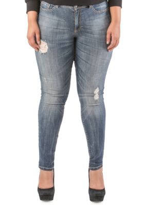Poetic Justice Women's Plus Size Curvy Fit Blue Vintage Wash Destroyed Jeans