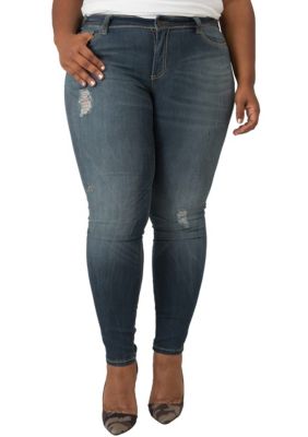 Poetic Justice Women's Plus Size Curvy Fit Blue Vintage Wash Destroyed Jeans, 14