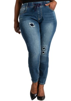 Poetic Justice Women's Plus Size Curvy Fit Stretch Denim Patched Jogger Pants
