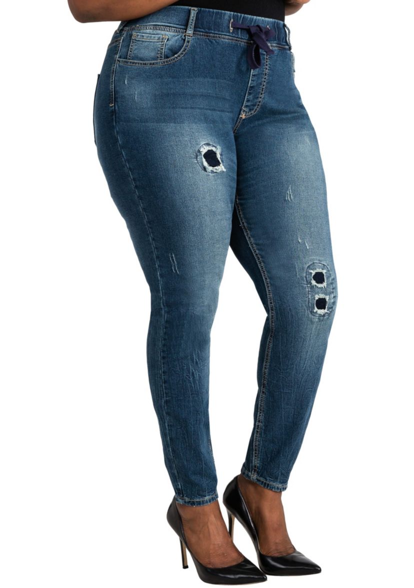 Plus Size Curvy Fit Stretch Denim Patched Jogger Pants