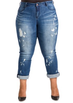 Poetic Justice Plus Size Women's Curvy Fit Blue Bleach Spots Boyfriend Jeans