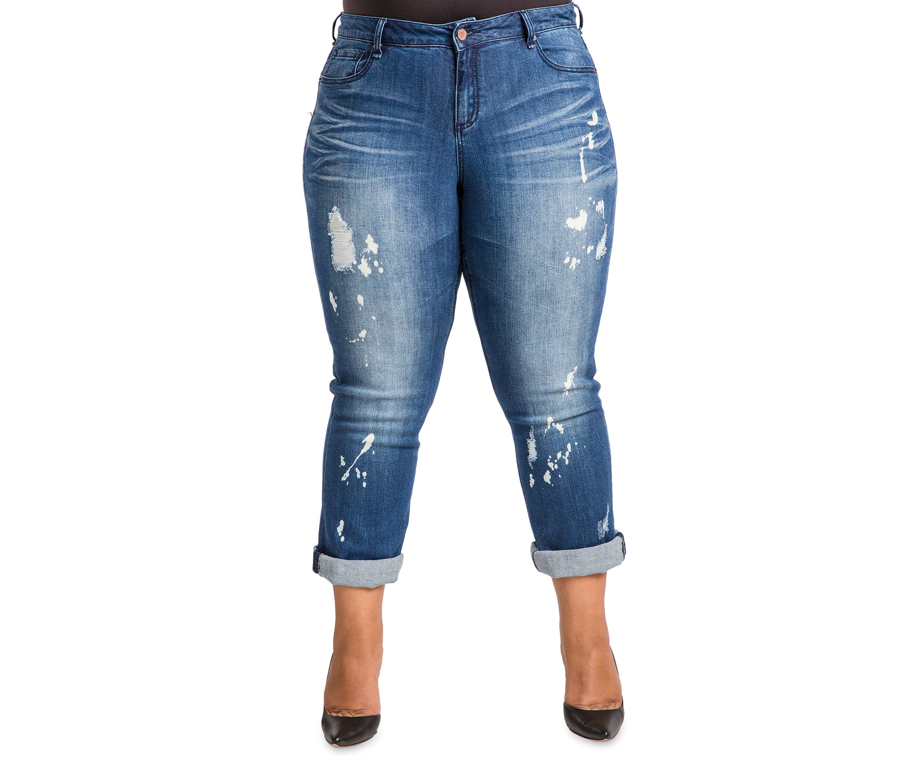 Poetic Justice Plus Size Womens Curvy Fit Blue Bleach Spots Boyfriend Jeans