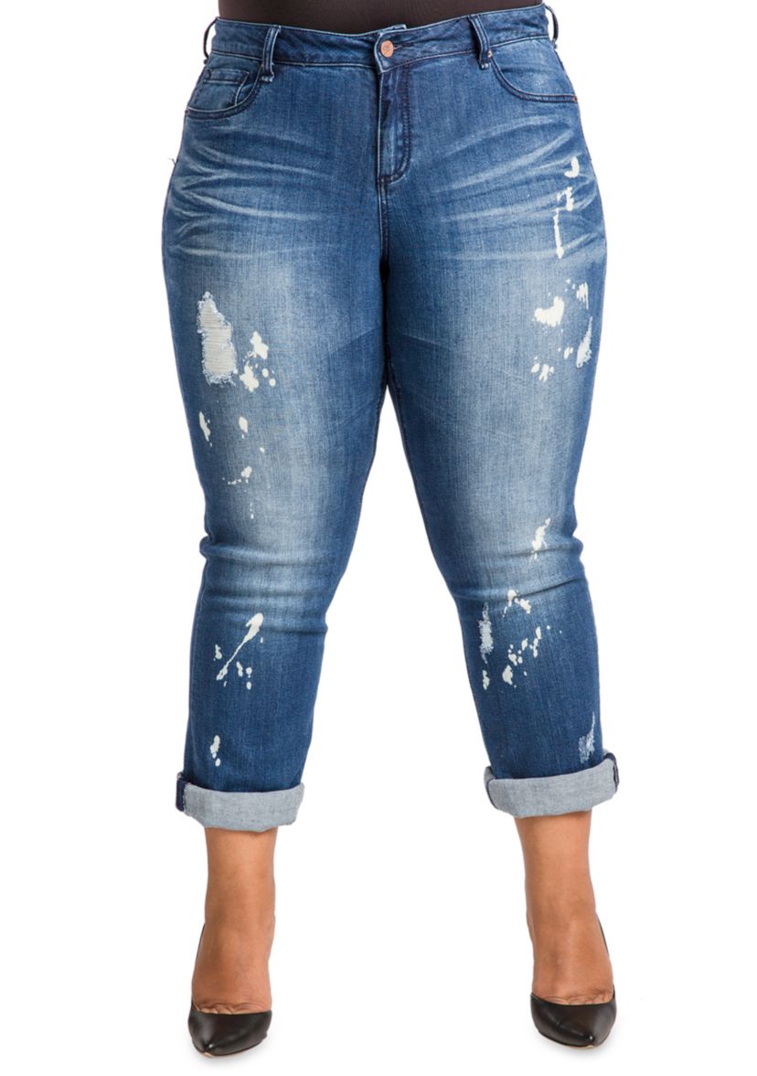 Poetic Justice Plus Size Womens Curvy Fit Blue Bleach Spots Boyfriend Jeans