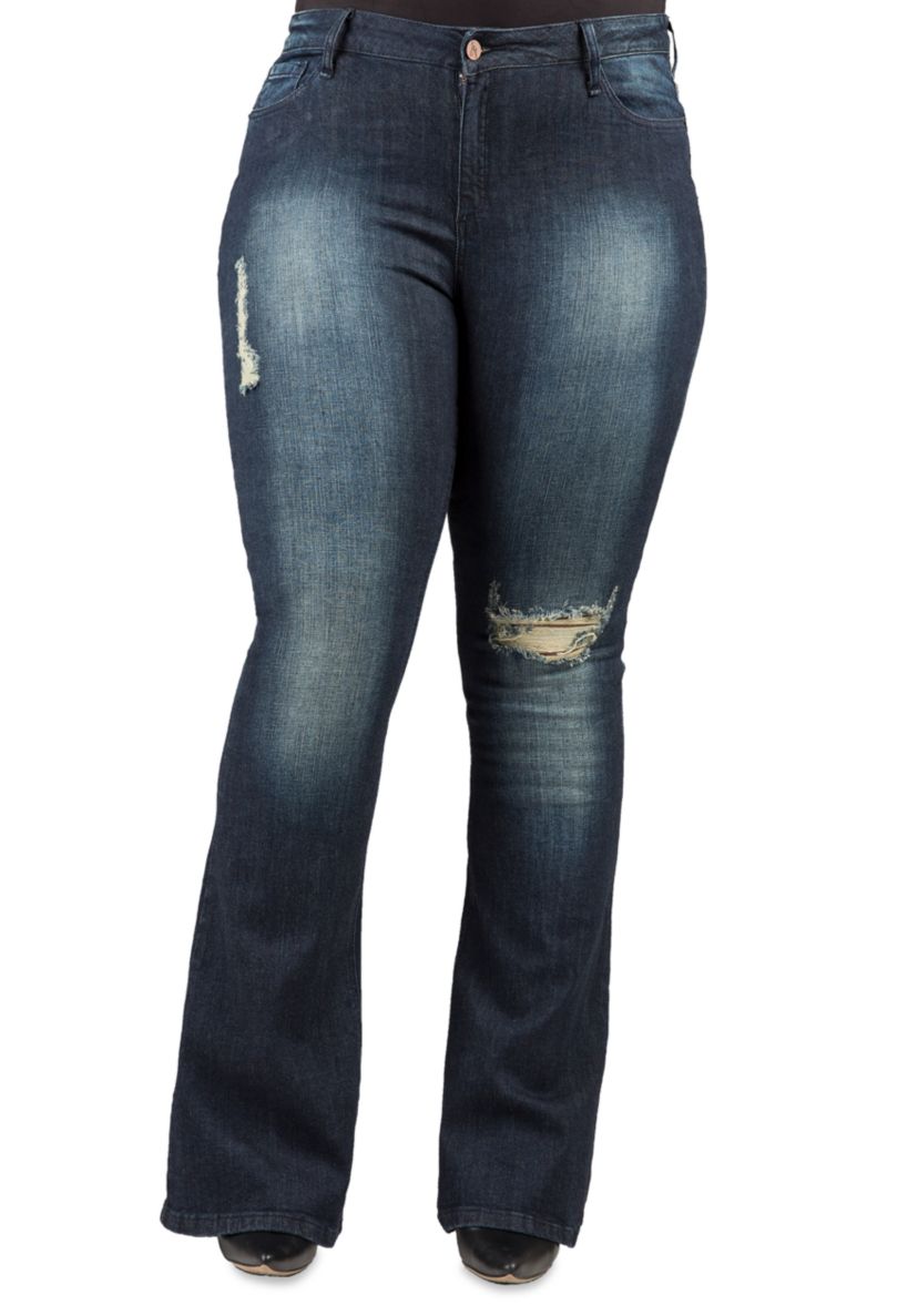 Plus Size Curvy Fit Stretch Denim Distressed Flare Jeans