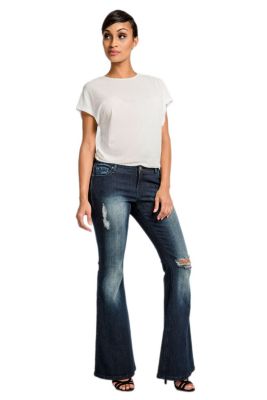 Poetic Justice Women's Stretch Denim Distressed Flare Jeans, 32