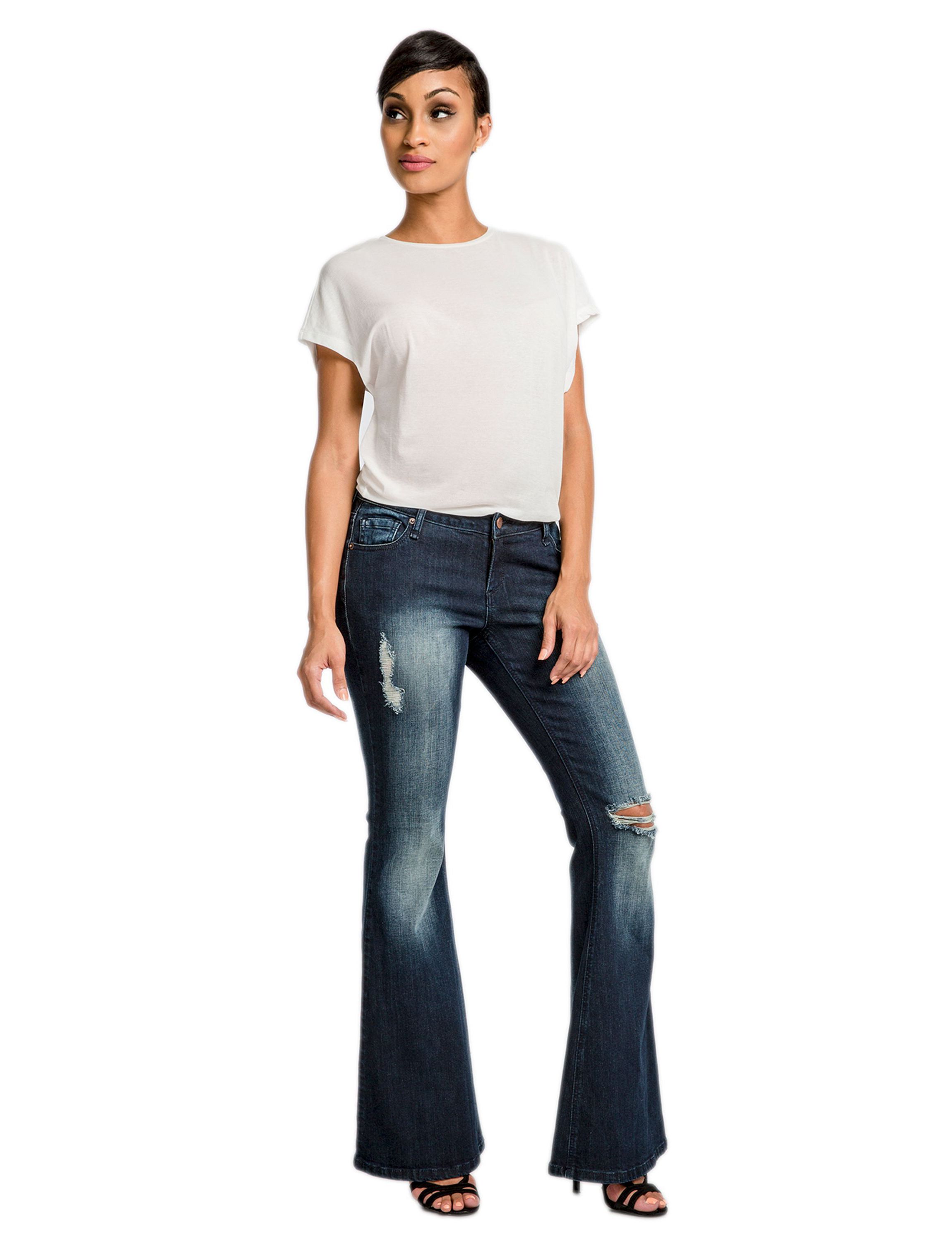 Stretch Denim Distressed Flare Jeans