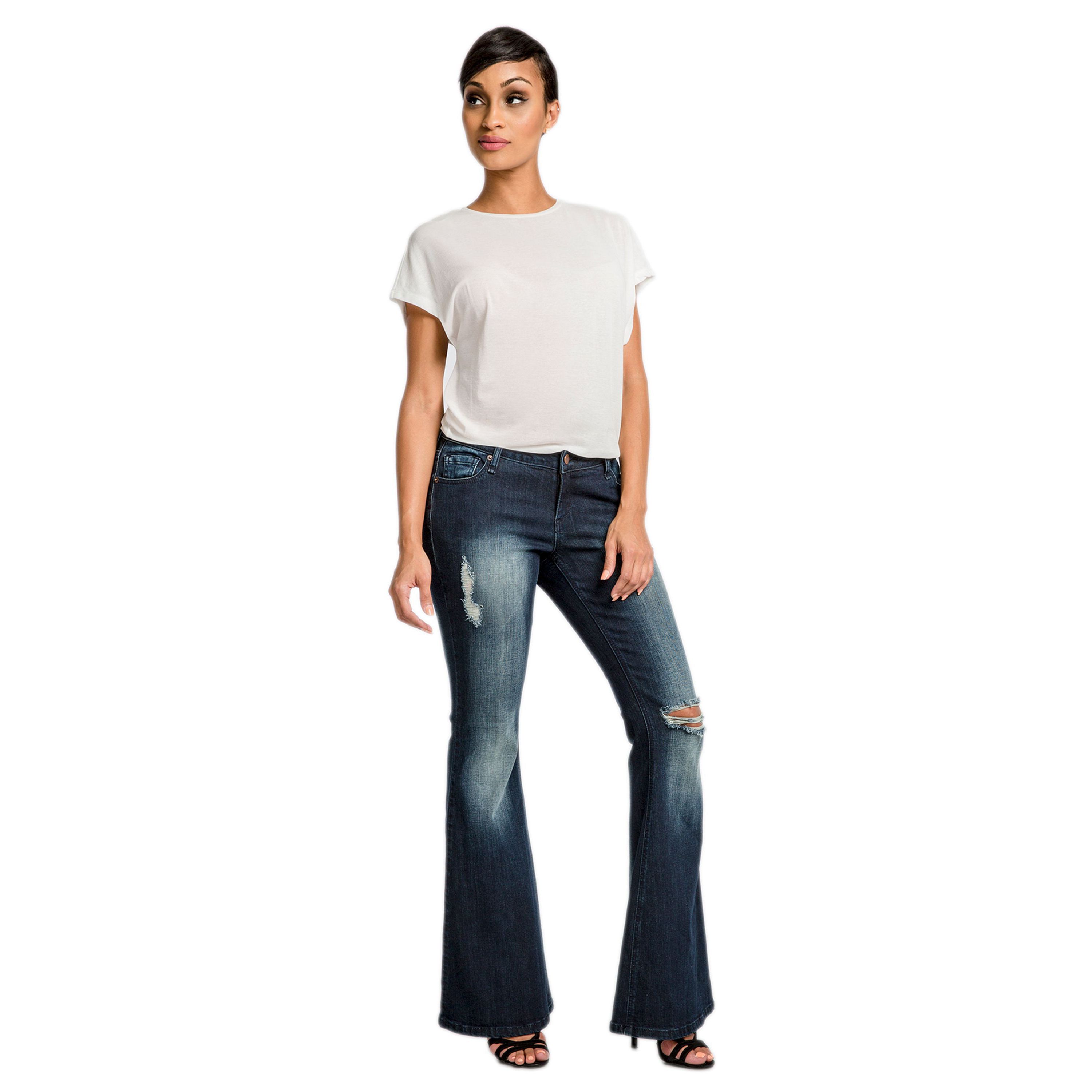 Stretch Denim Distressed Flare Jeans