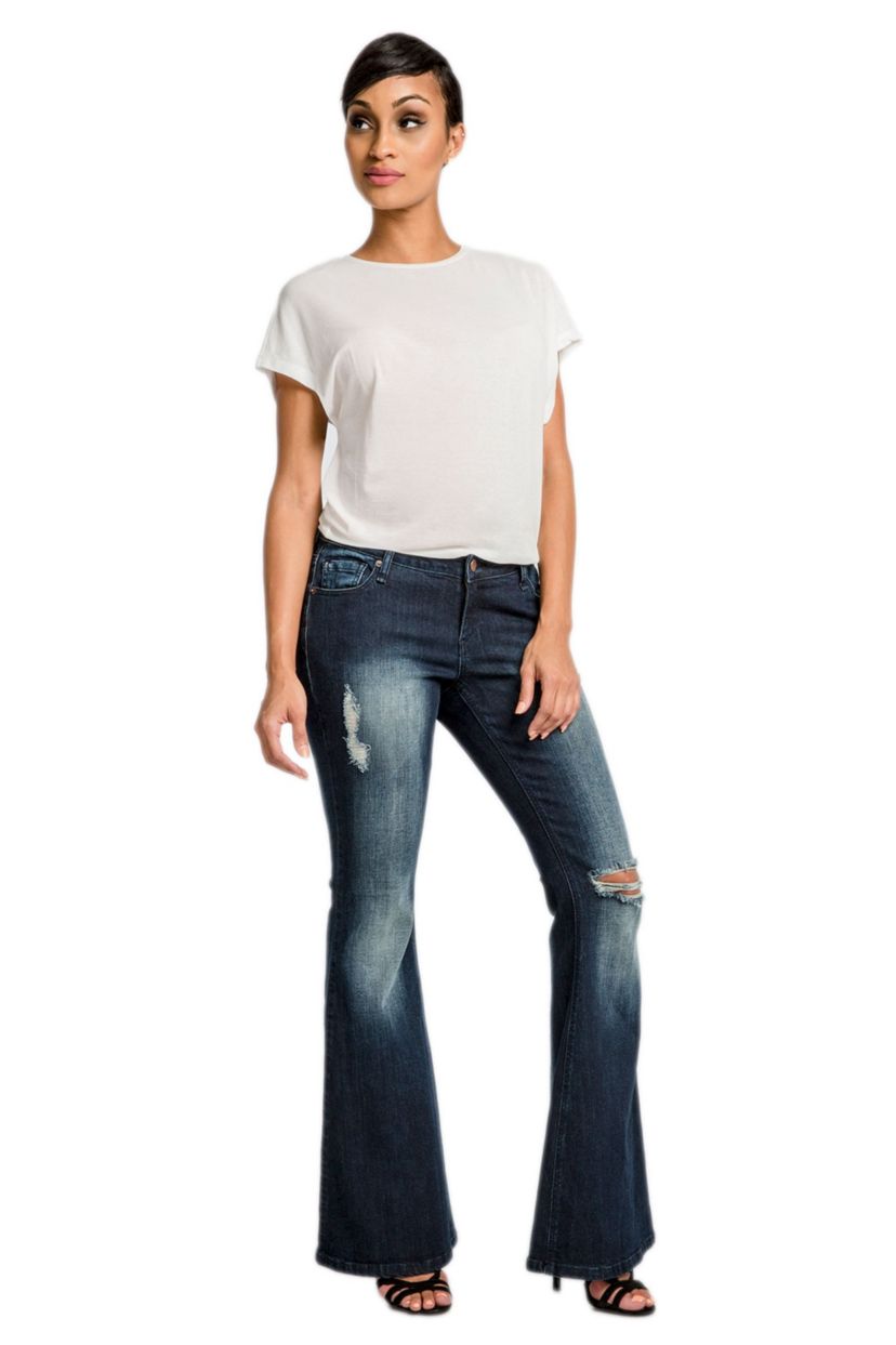 Stretch Denim Distressed Flare Jeans