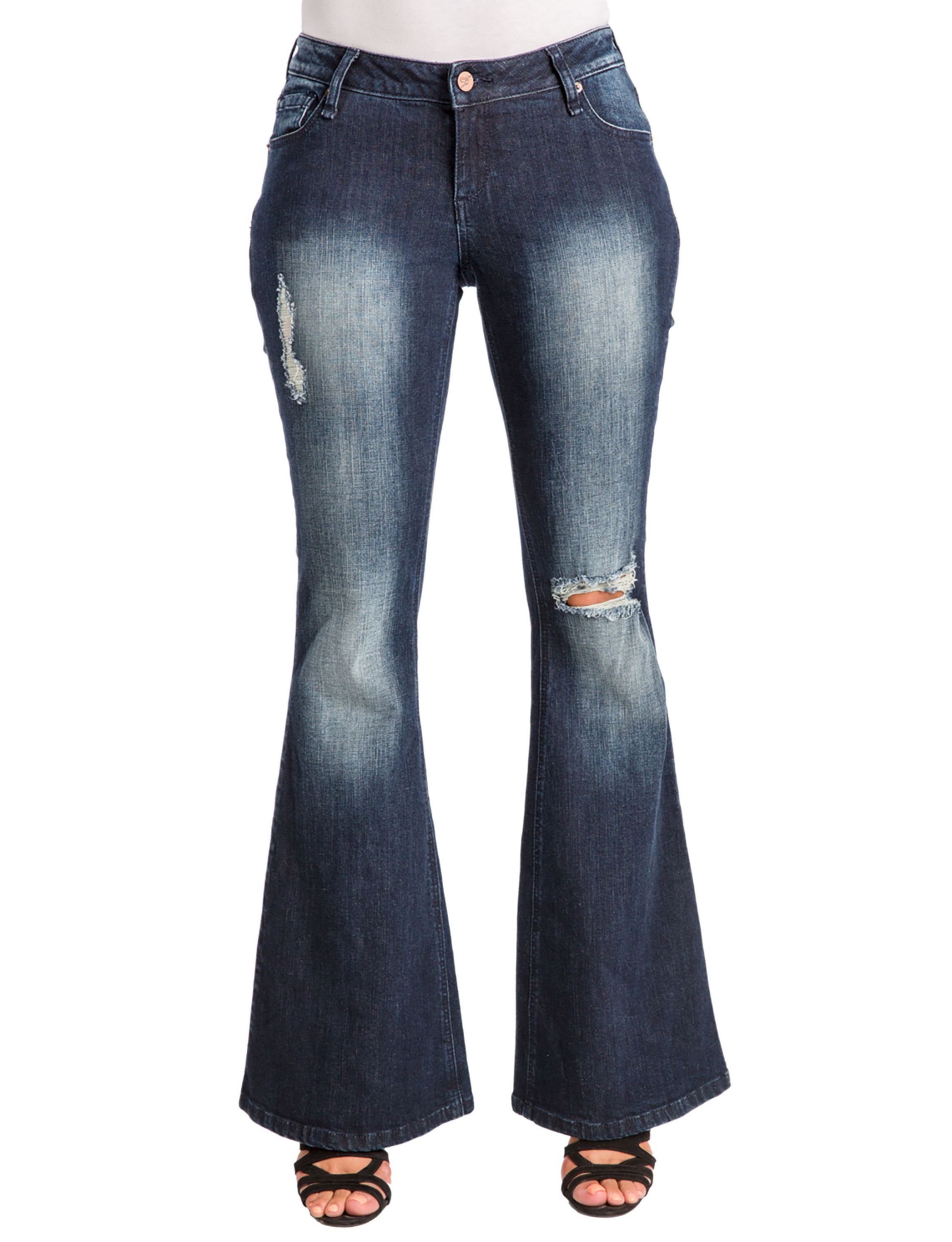 Stretch Denim Distressed Flare Jeans