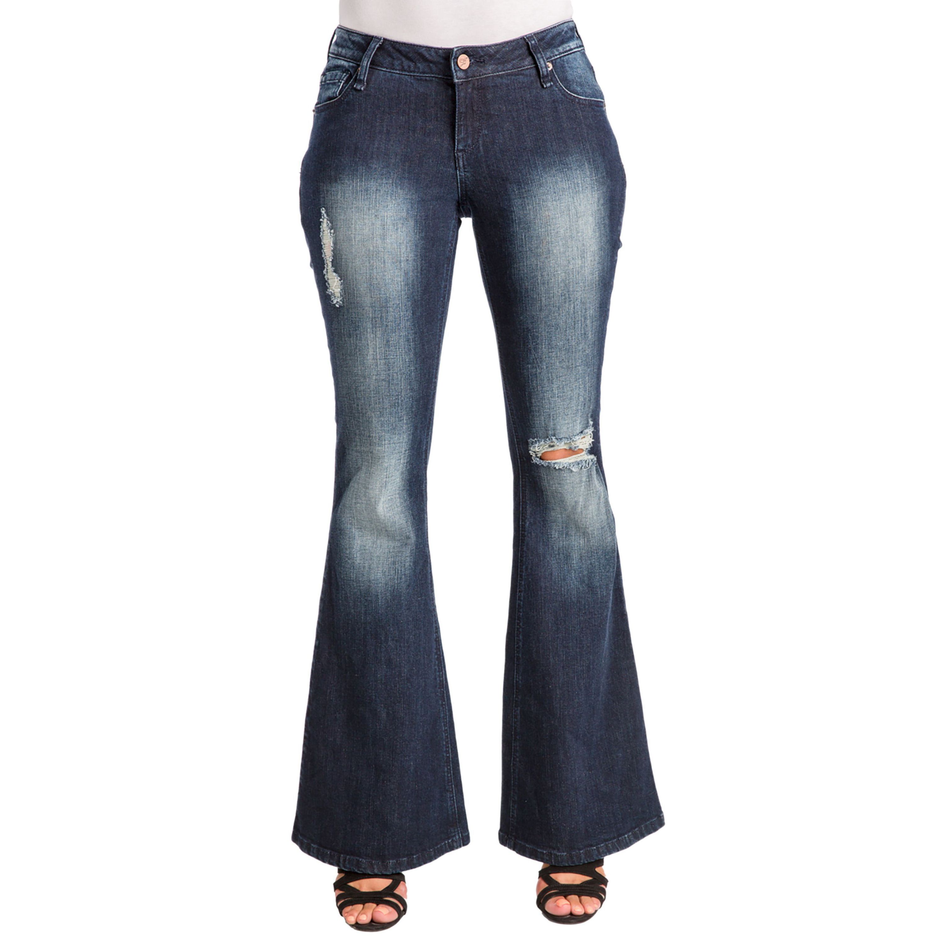 Stretch Denim Distressed Flare Jeans