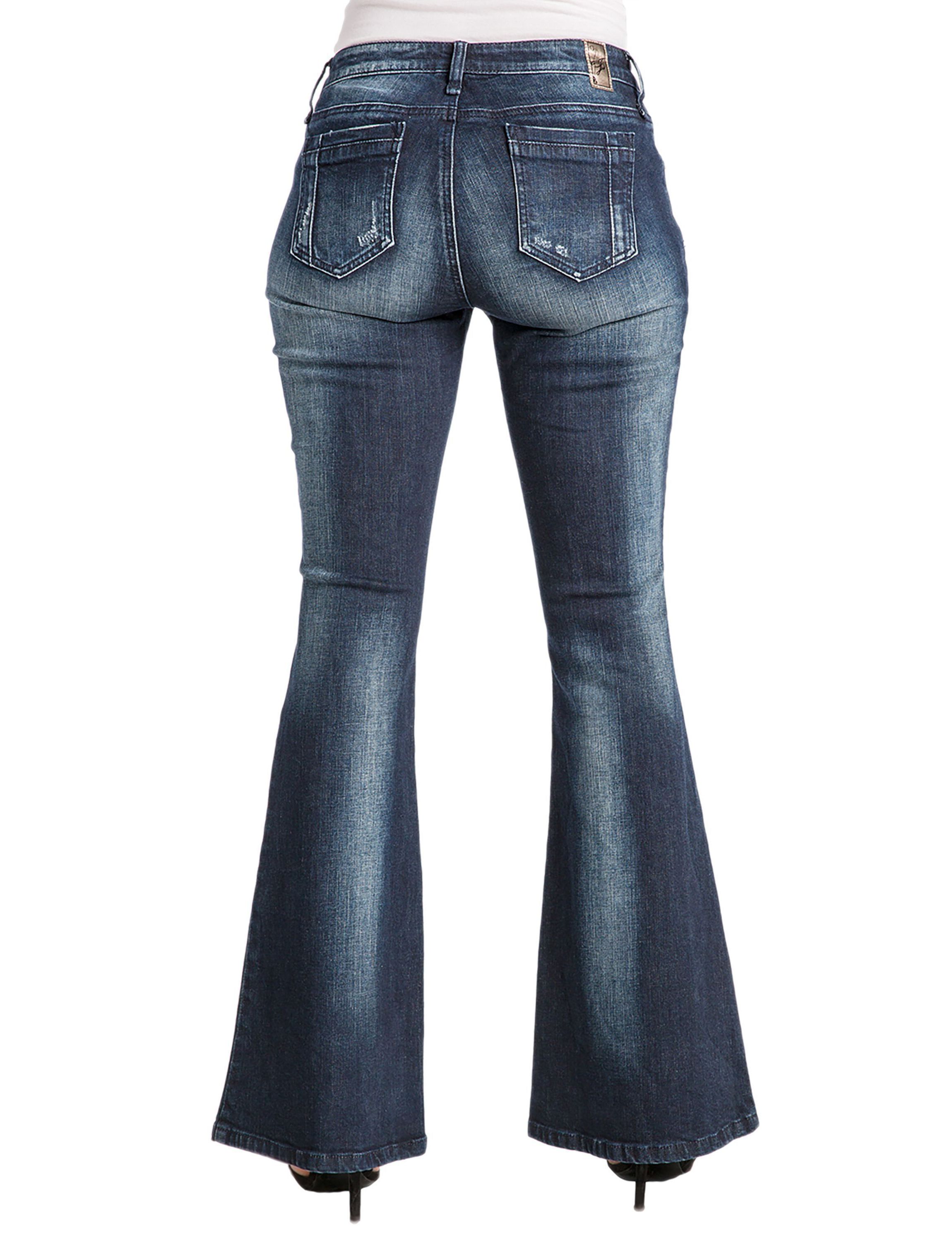 Stretch Denim Distressed Flare Jeans