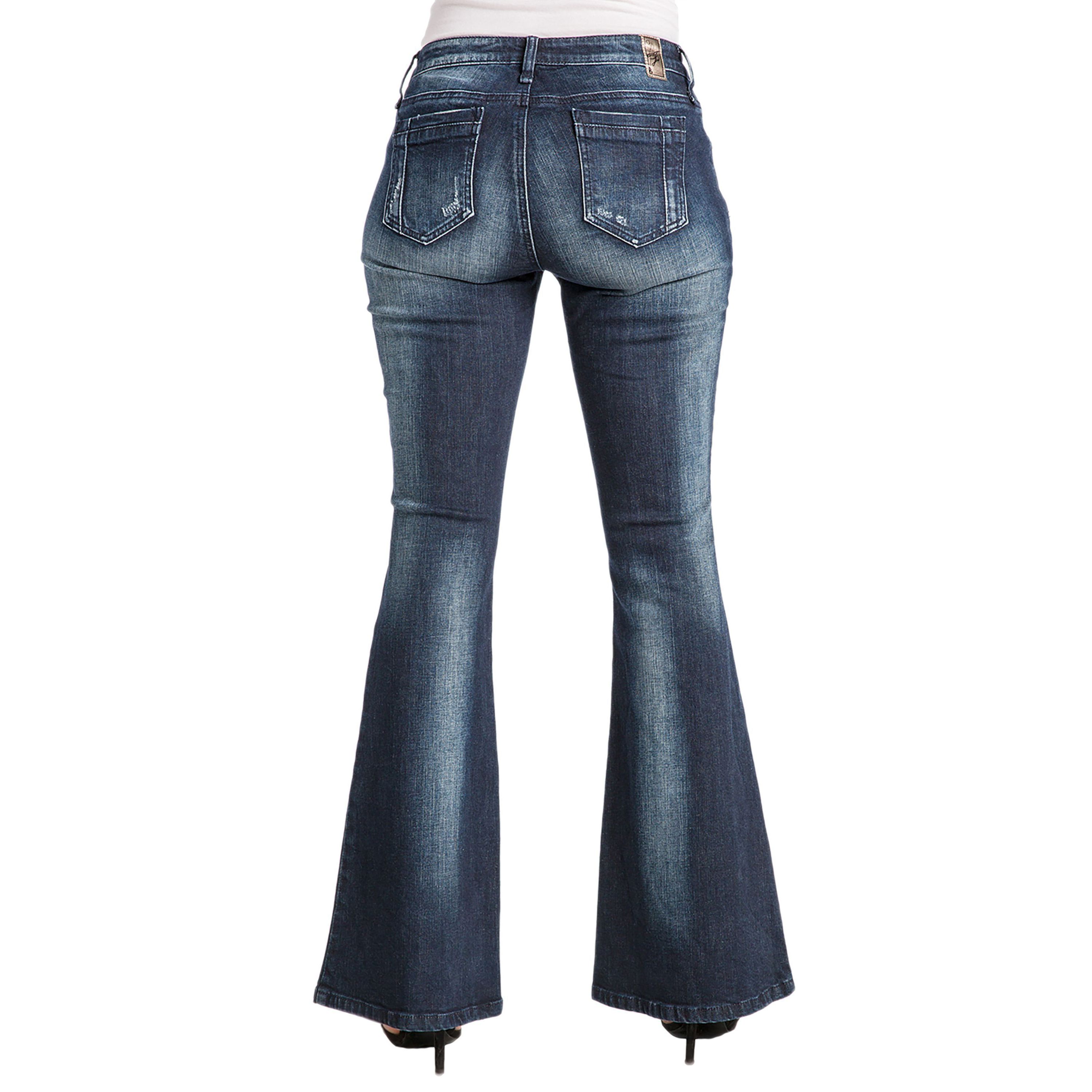 Stretch Denim Distressed Flare Jeans