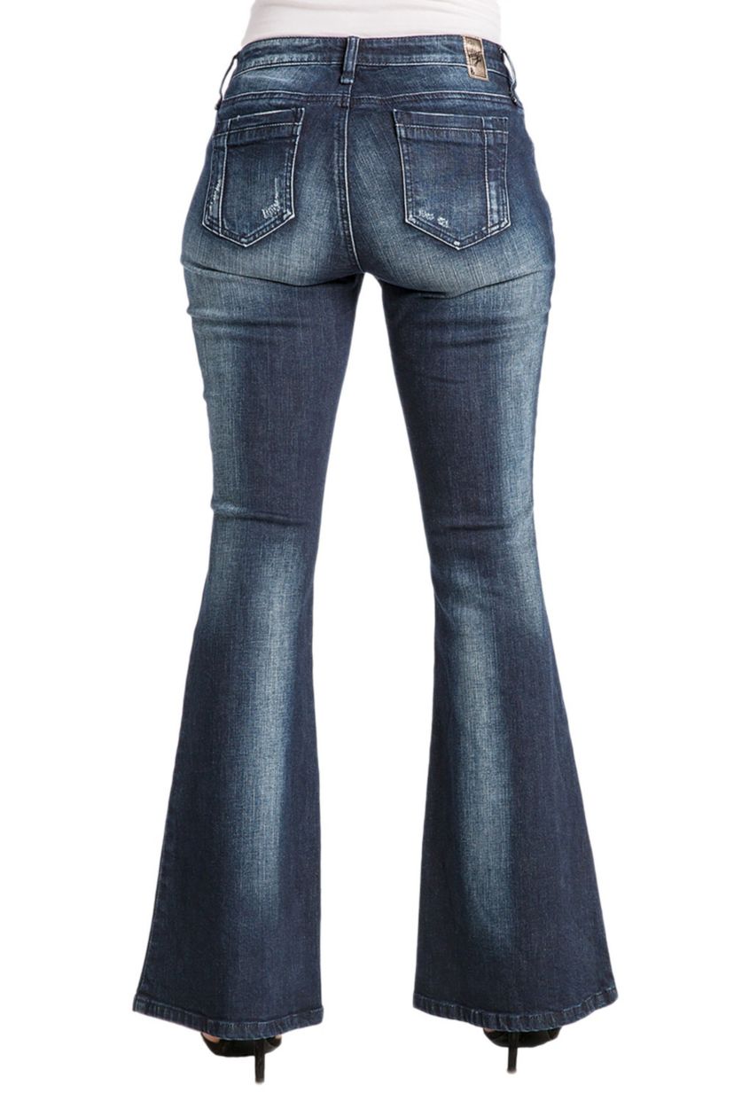 Stretch Denim Distressed Flare Jeans