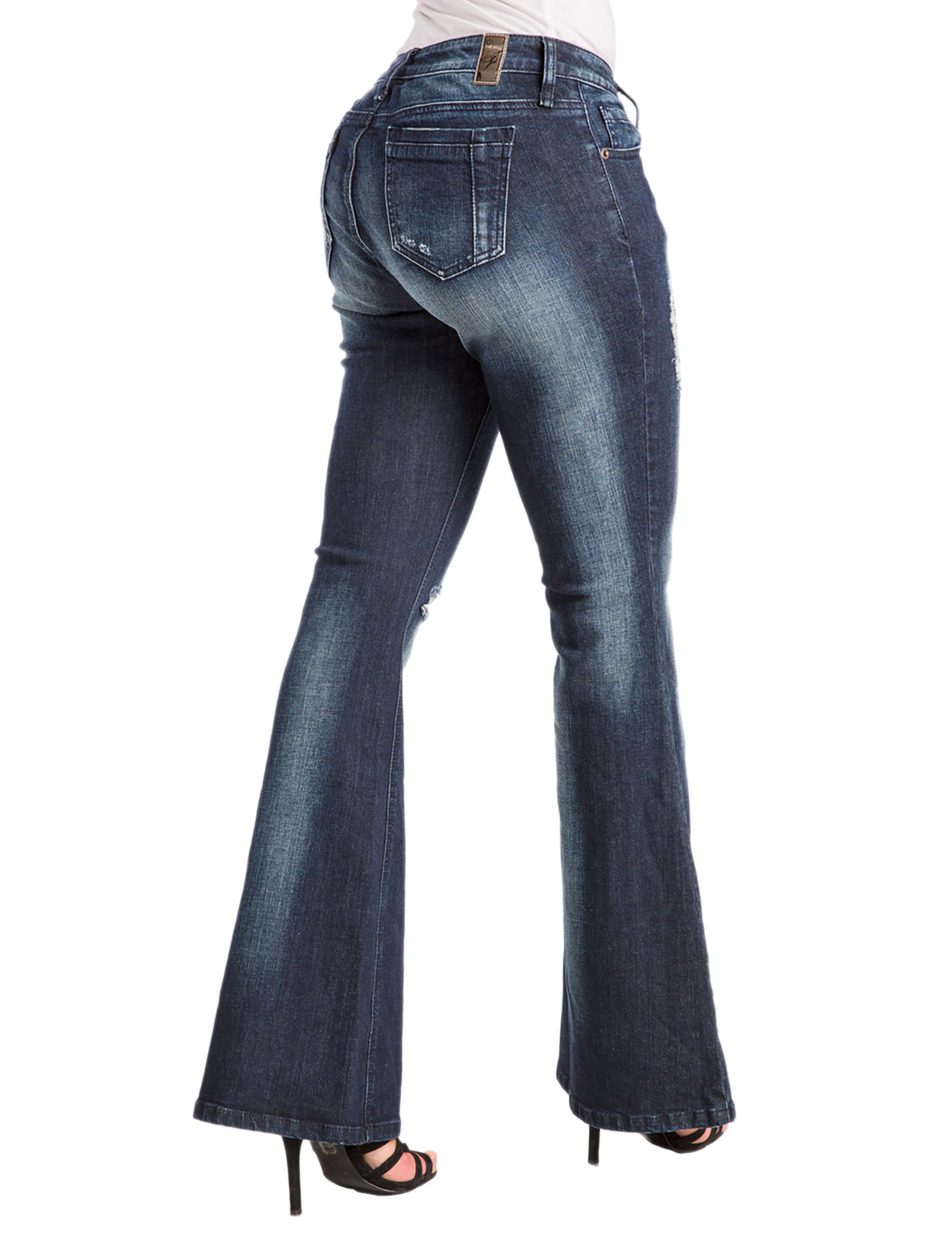 Stretch Denim Distressed Flare Jeans