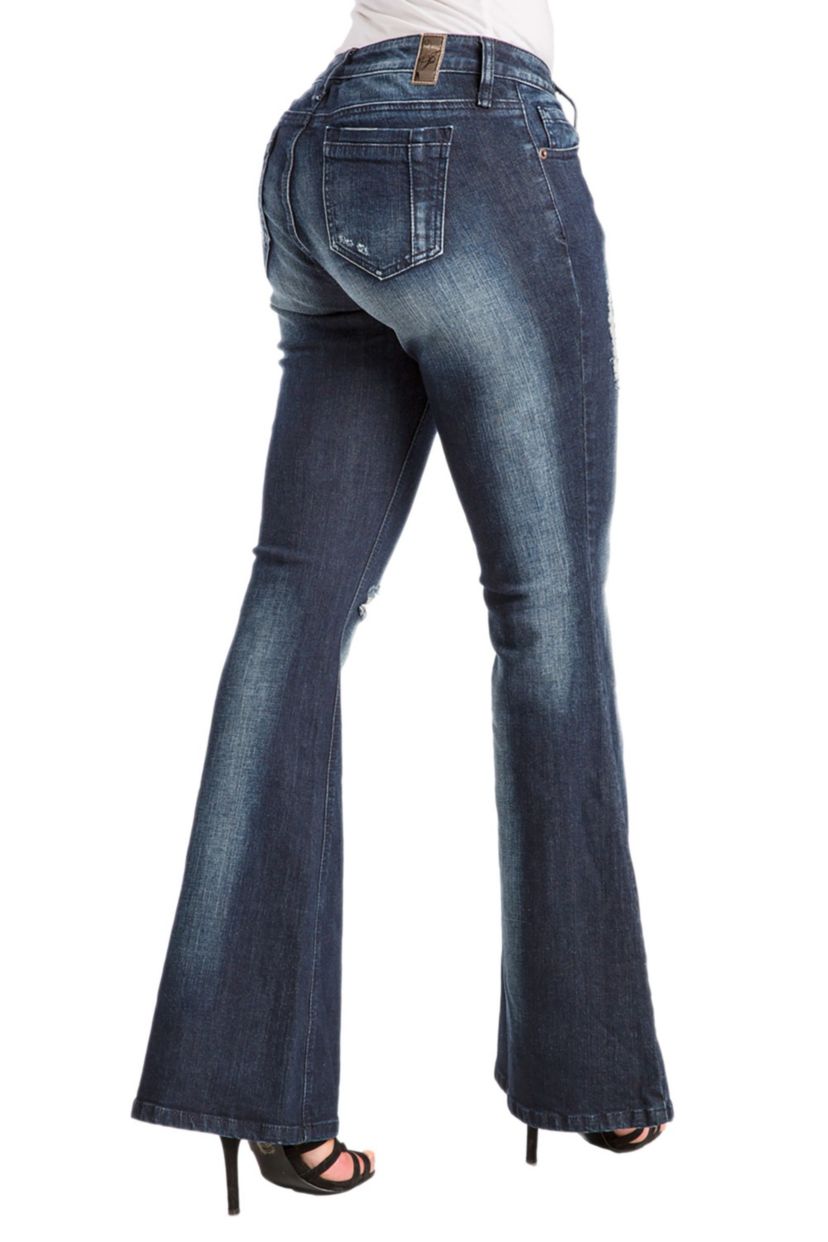 Stretch Denim Distressed Flare Jeans