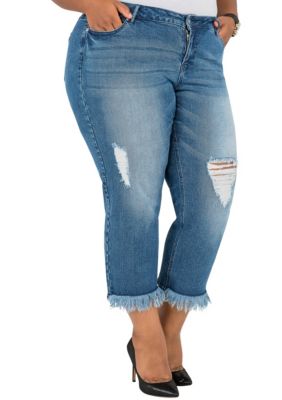 Poetic Justice Women's Cropped Frayed Boyfriend Jeans, 22