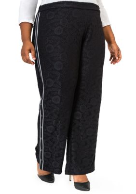 Poetic Justice Women's Cornelia Athletic Strip Snap Black Lace Palazzo Pants, 3X