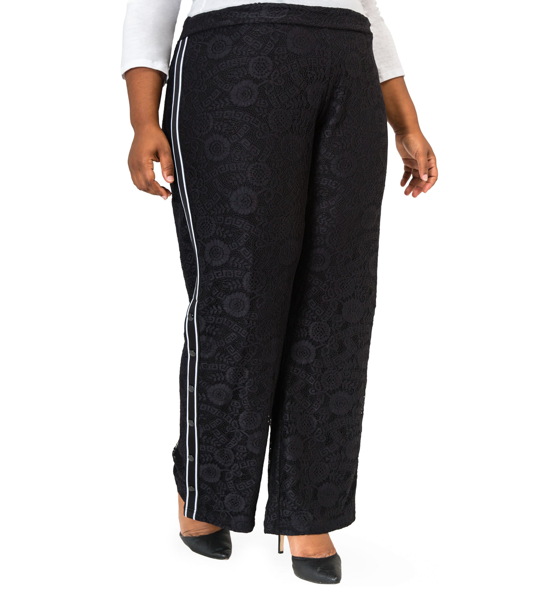 Cornelia Athletic Strip Snap Black Lace Palazzo Pants