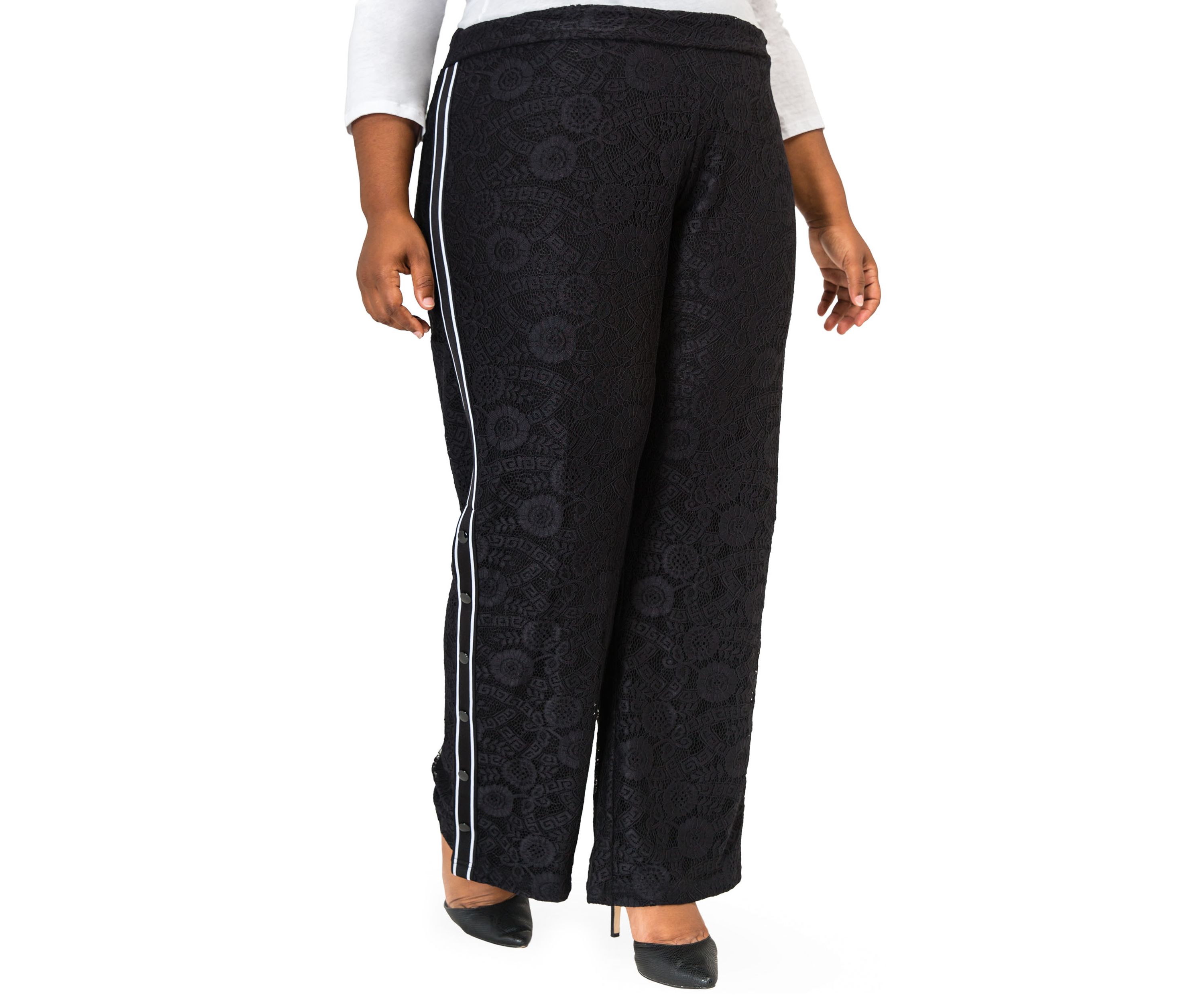 Cornelia Athletic Strip Snap Black Lace Palazzo Pants