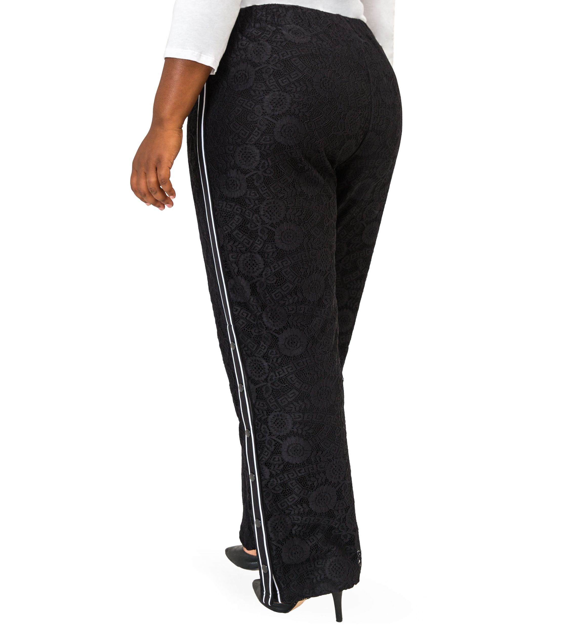 Cornelia Athletic Strip Snap Black Lace Palazzo Pants