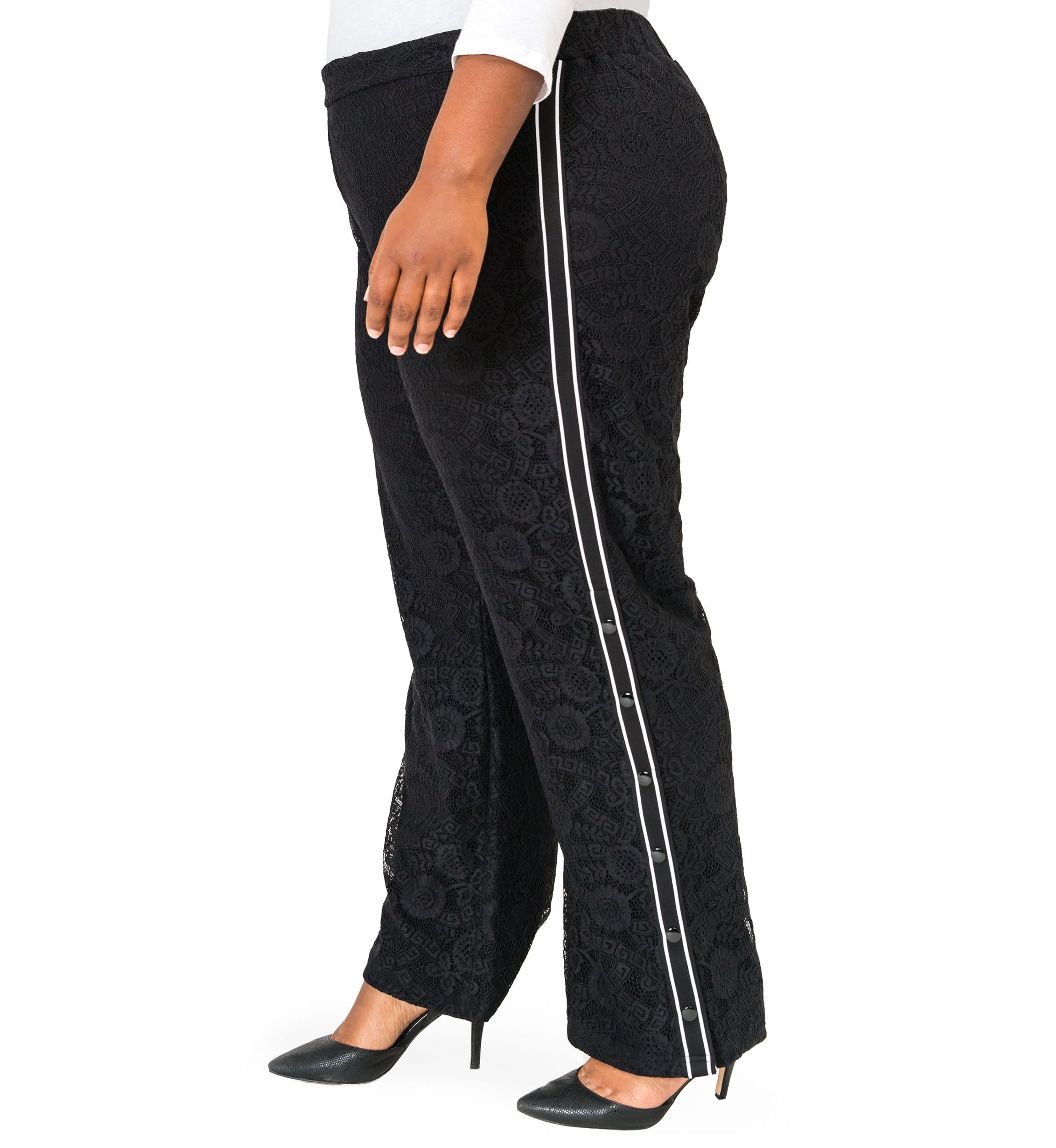 Cornelia Athletic Strip Snap Black Lace Palazzo Pants