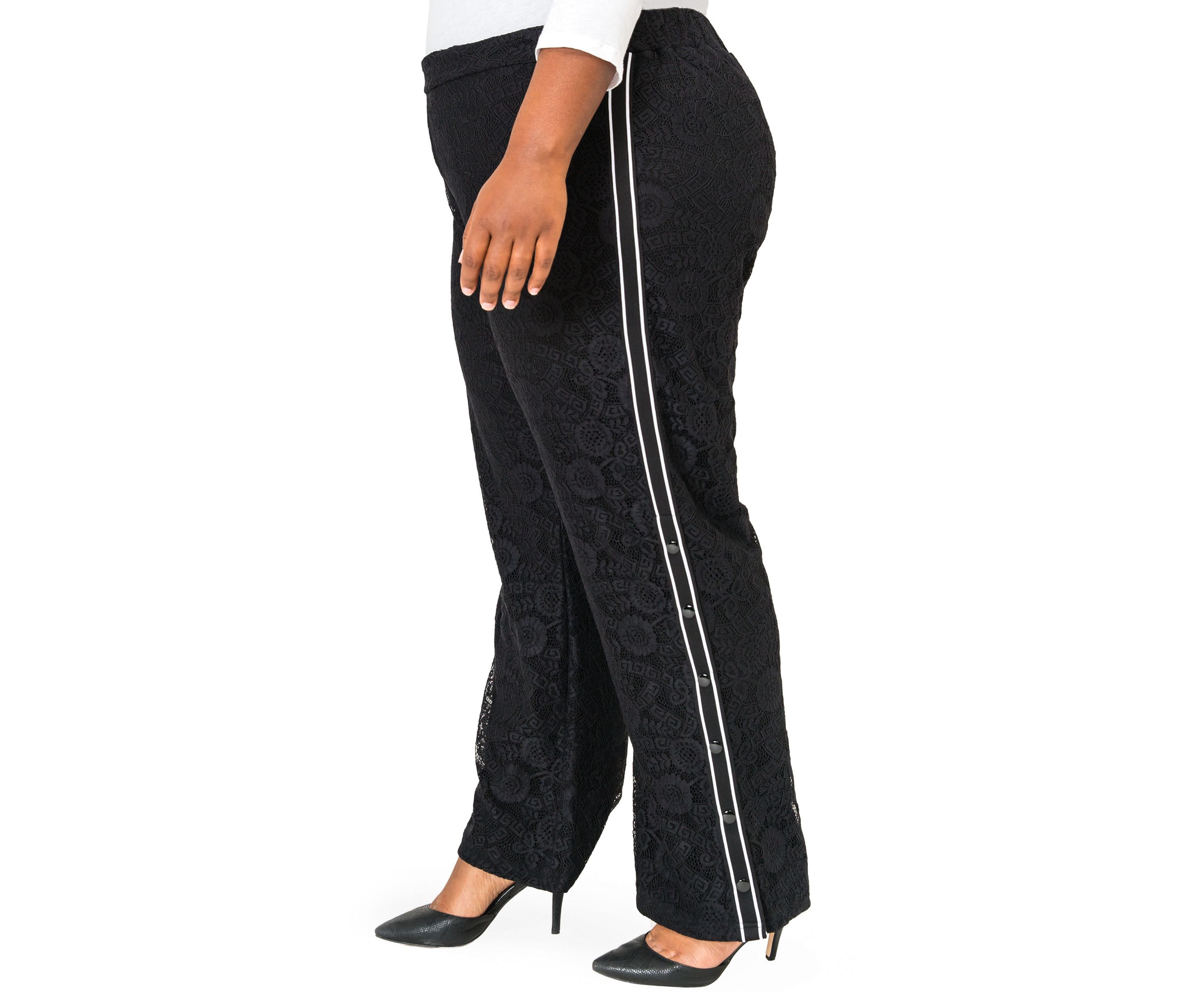 Cornelia Athletic Strip Snap Black Lace Palazzo Pants