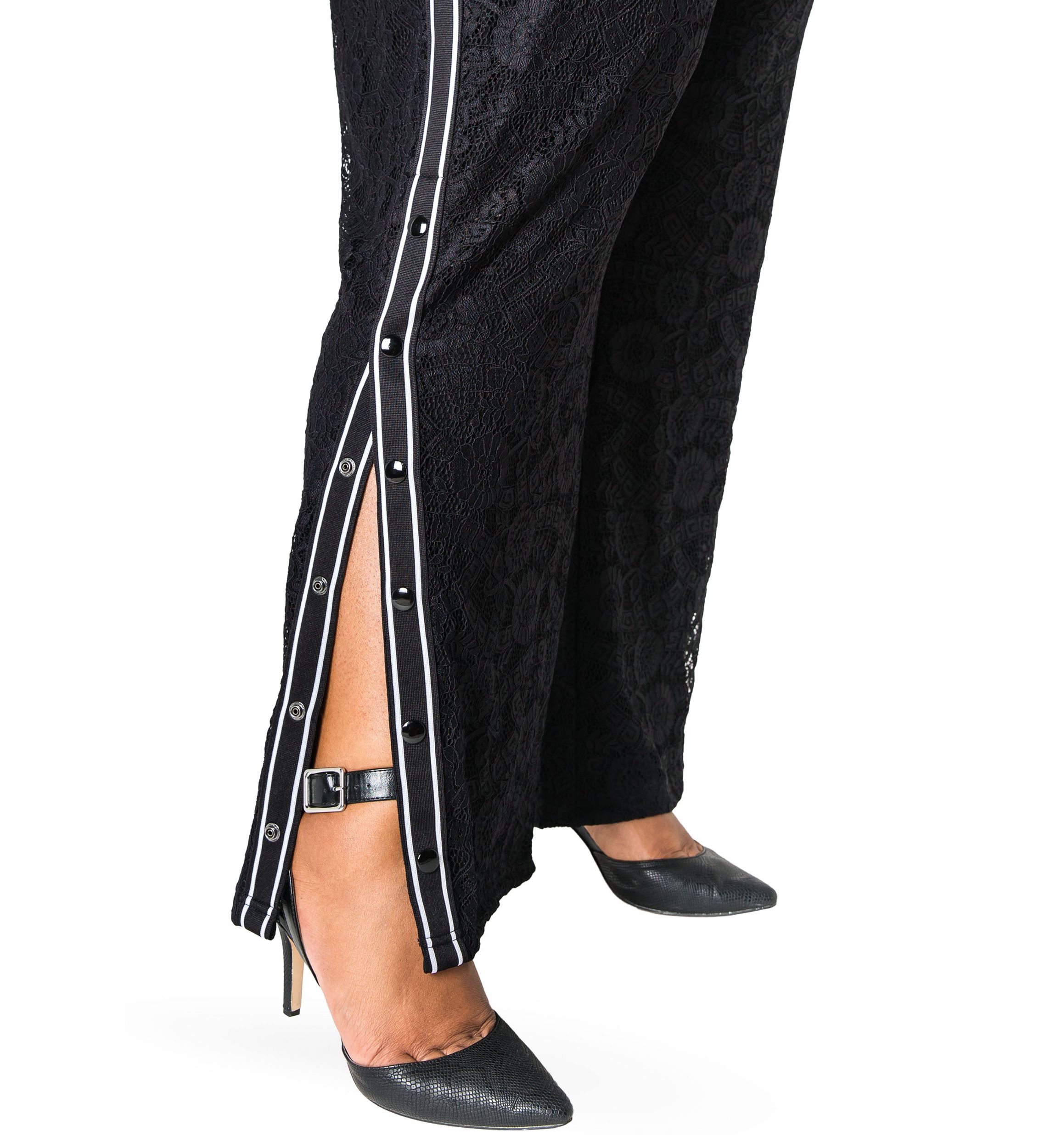 Cornelia Athletic Strip Snap Black Lace Palazzo Pants