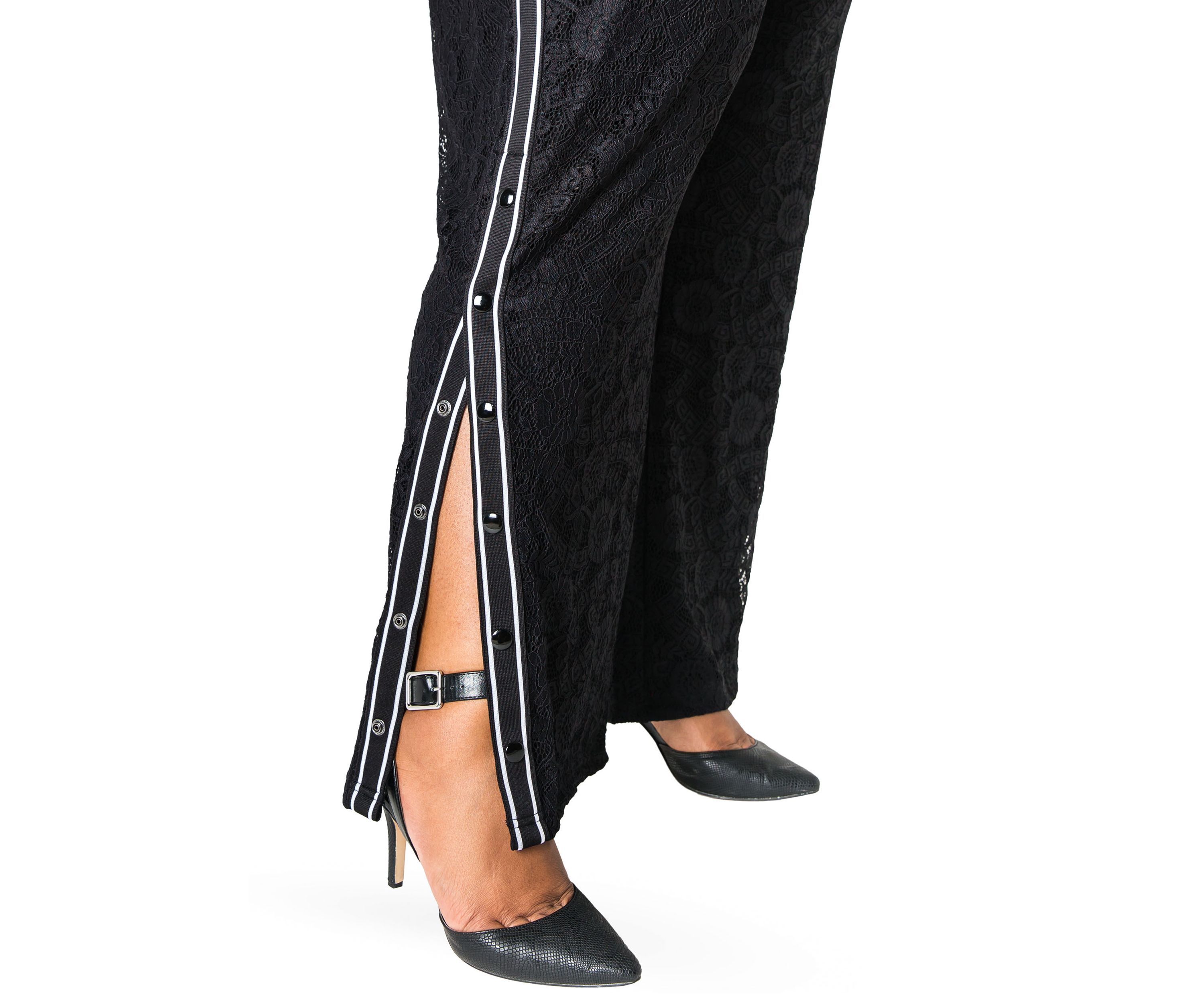 Cornelia Athletic Strip Snap Black Lace Palazzo Pants