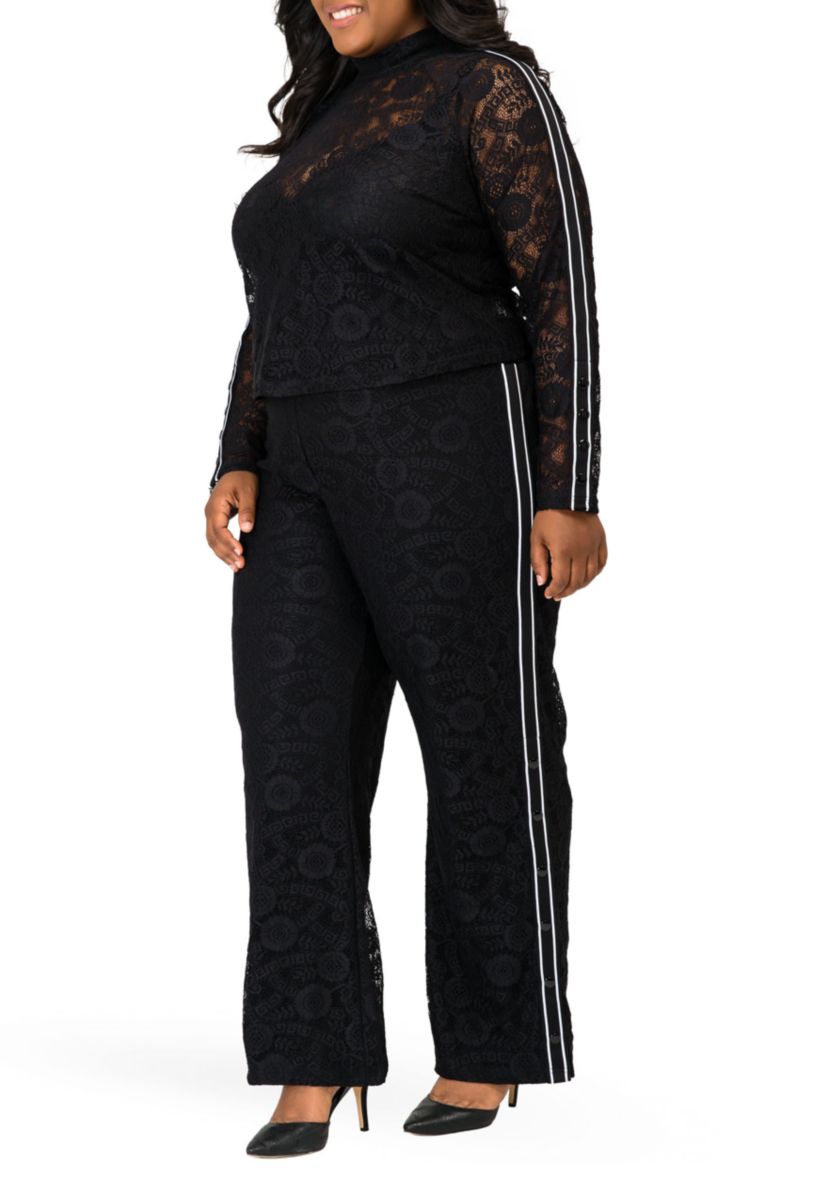 Cornelia Athletic Strip Snap Black Lace Palazzo Pants