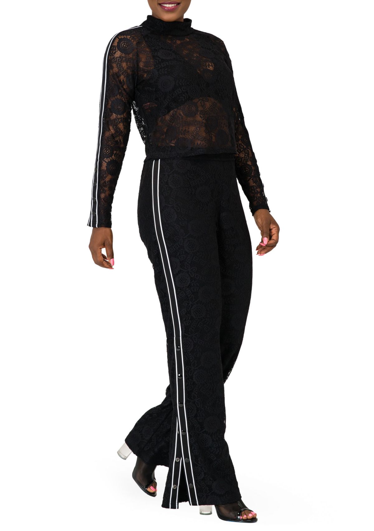 Cornelia Athletic Strip Black Lace Palazzo Pants