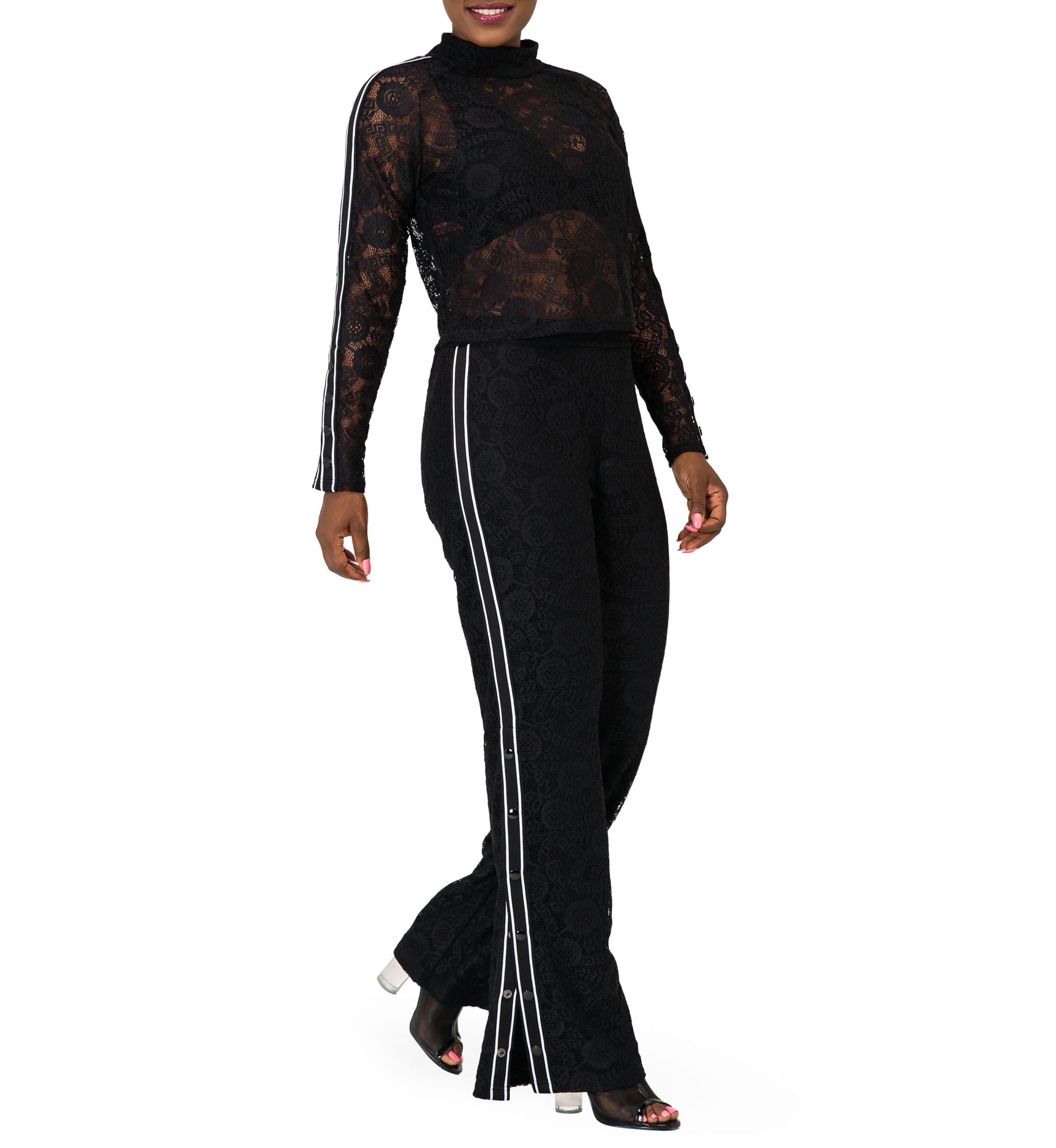 Cornelia Athletic Strip Black Lace Palazzo Pants