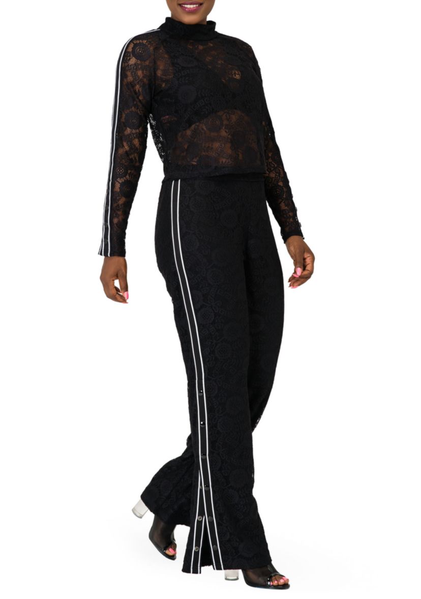 Cornelia Athletic Strip Black Lace Palazzo Pants
