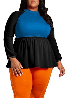 Women's Poetic Justice Plus Size Mock Neck Lantern Sleeve Two Tone Peplum Tunic Top, Turquoise, 22