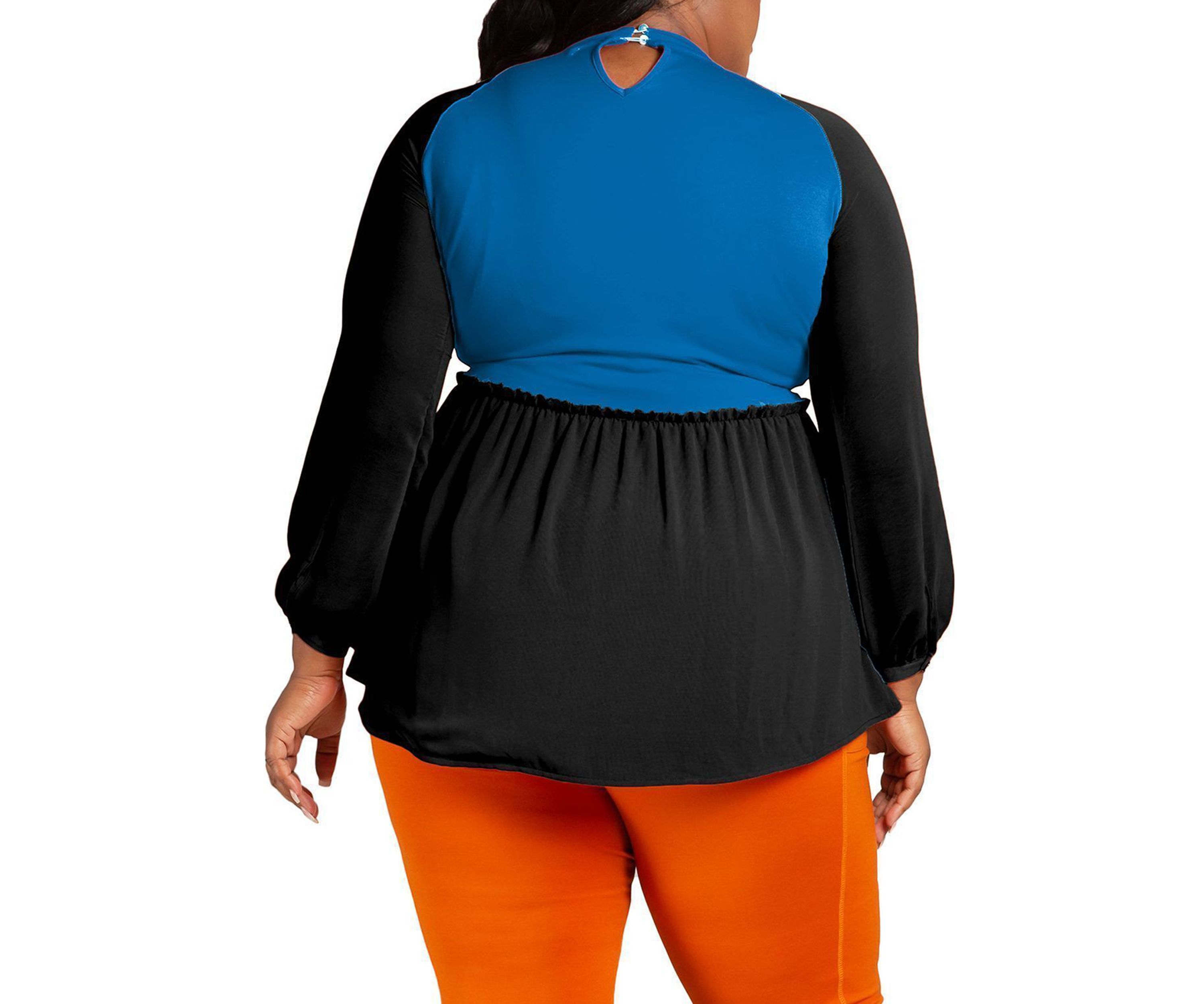 Poetic Justice Plus Size Mock Neck Lantern Sleeve Two Tone Peplum Tunic Top