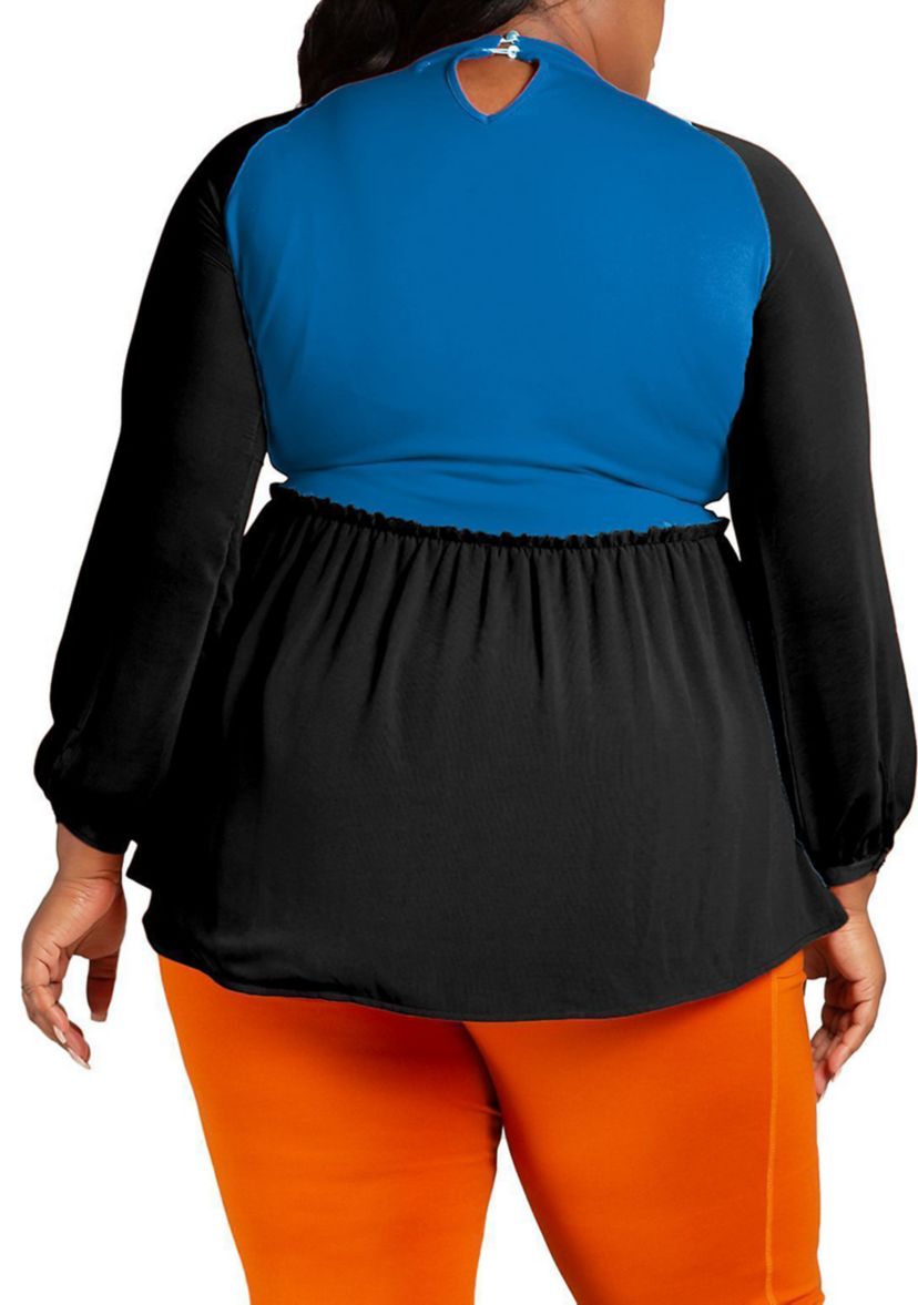 Poetic Justice Plus Size Mock Neck Lantern Sleeve Two Tone Peplum Tunic Top
