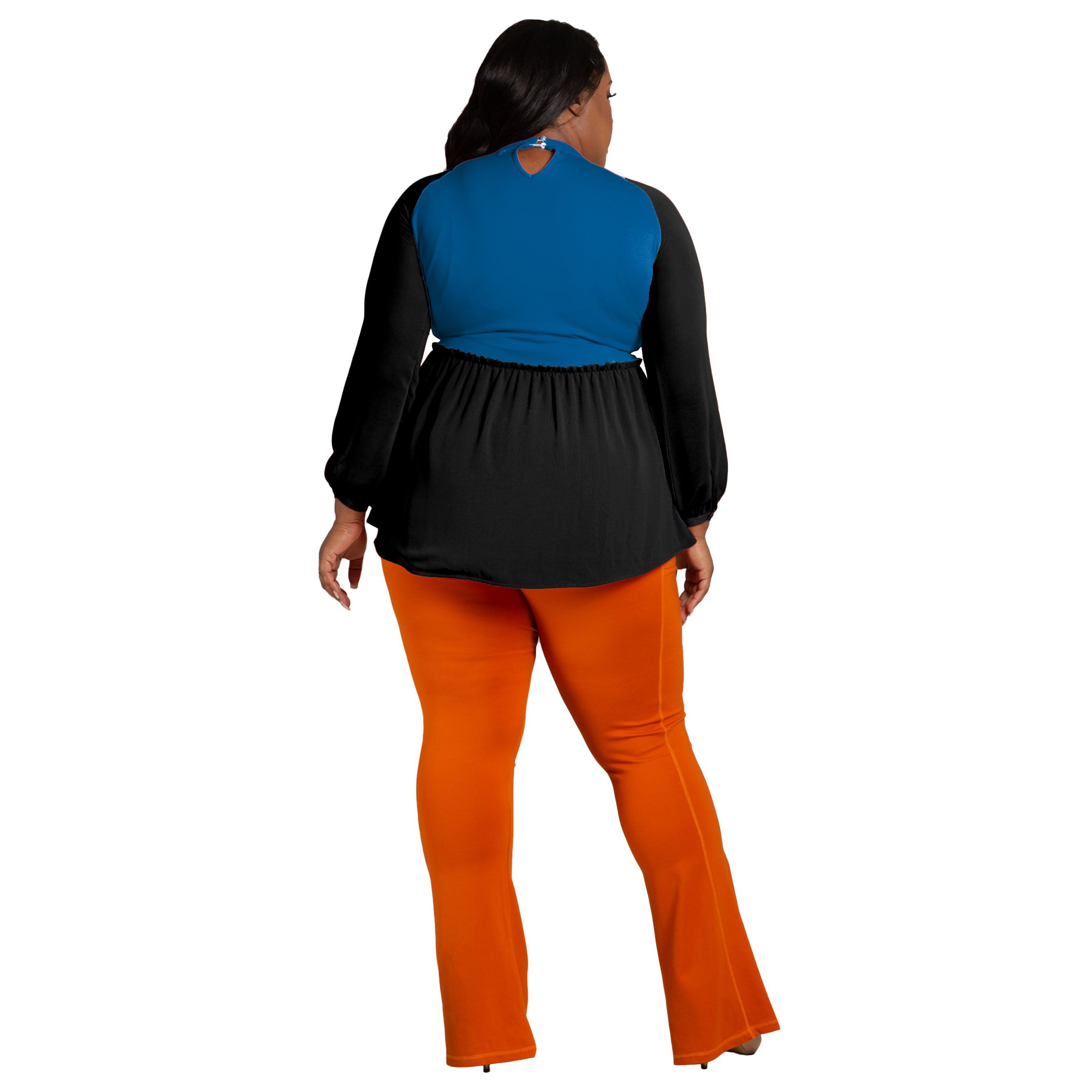 Poetic Justice Plus Size Mock Neck Lantern Sleeve Two Tone Peplum Tunic Top