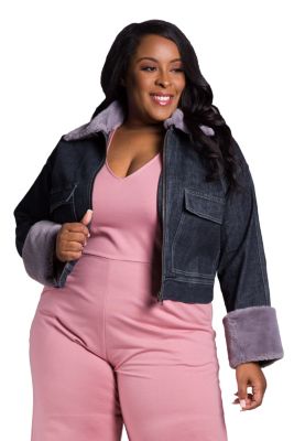 Poetic Justice Women's Zip Up Faux Fur Trim Trucker JKT, 2X