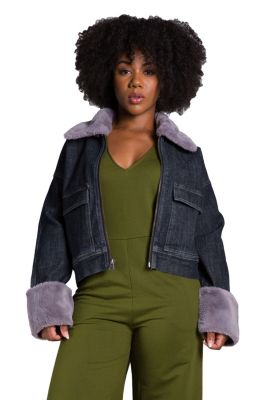 Poetic Justice Women's Zip Up Faux Fur Trim Trucker JKT