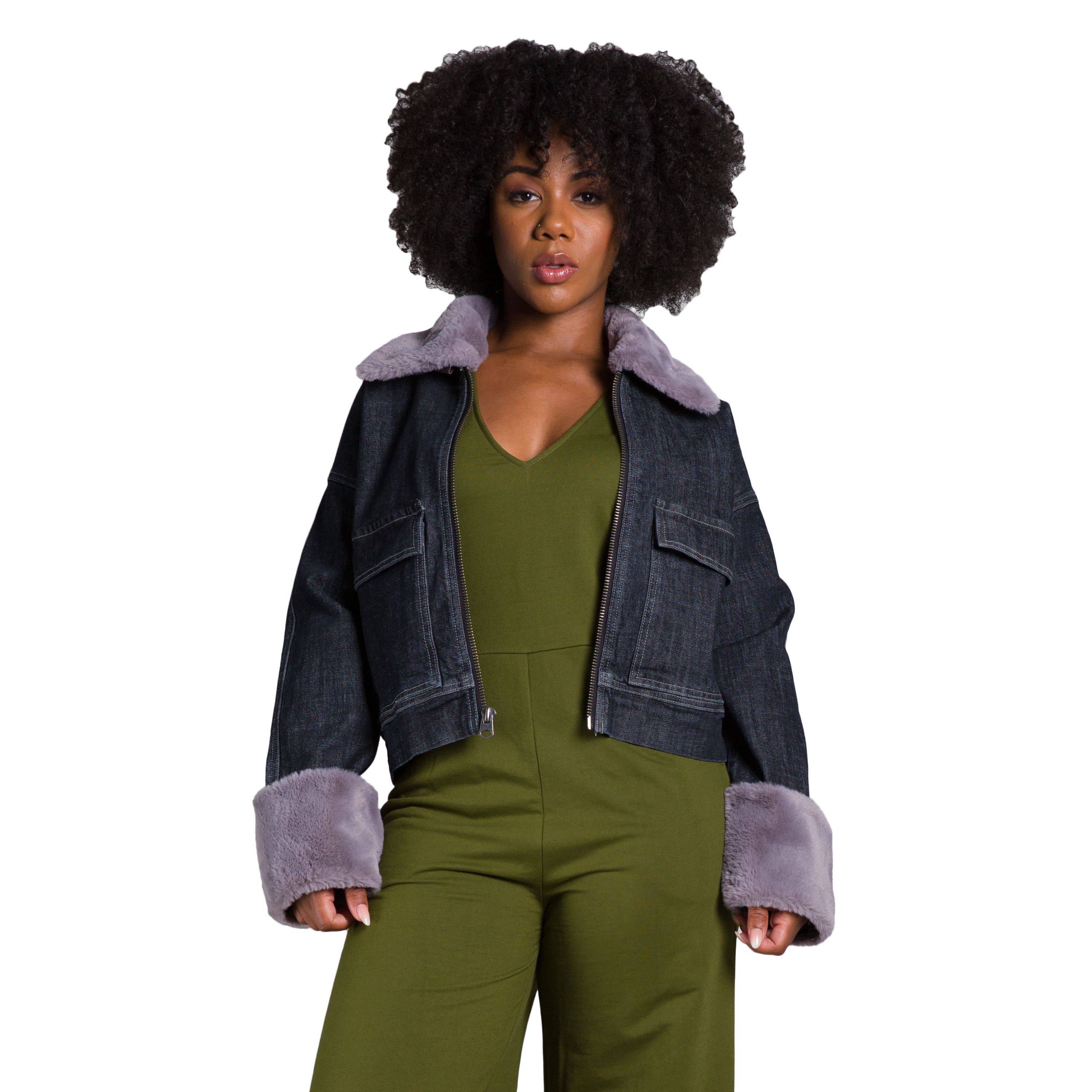 Zip Up Faux Fur Trim Trucker JKT