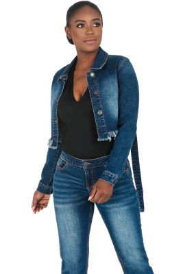 Poetic Justice Women's Strap Frayed Hem Indigo Tinted Cropped Jean JKT, Large